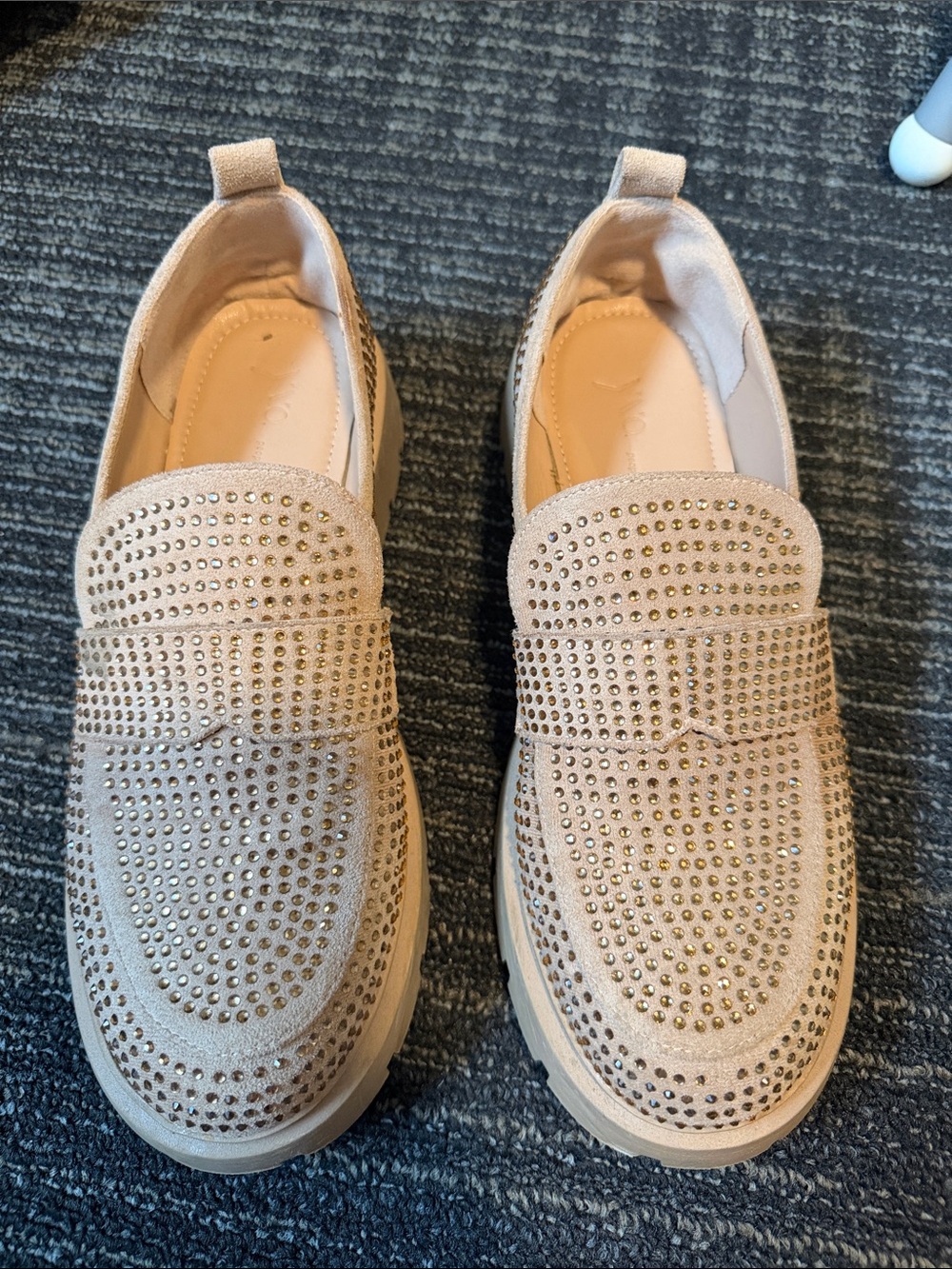 Beige Rhinestone Slip-On Loafers for Women - Sleek Sparkle Flat